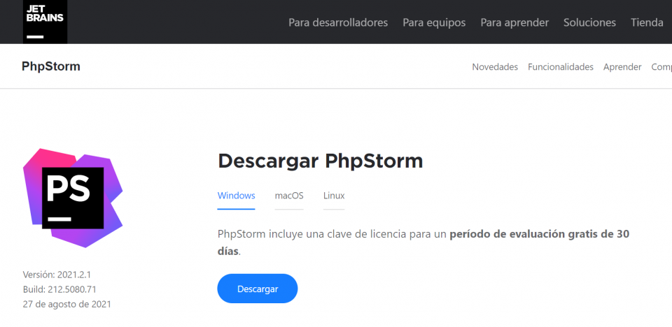 Página de Jetbrains phpStorm