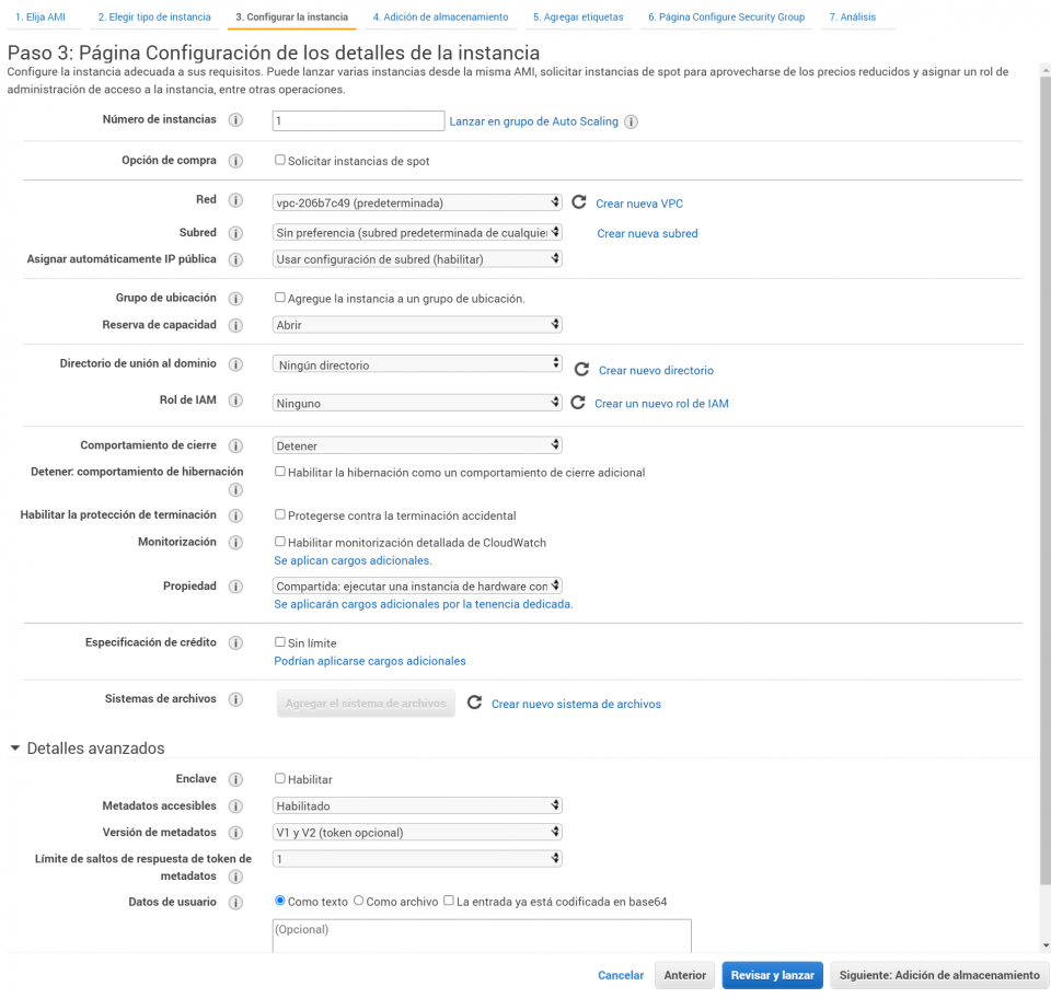 Paso 3 Configuración de la instancia